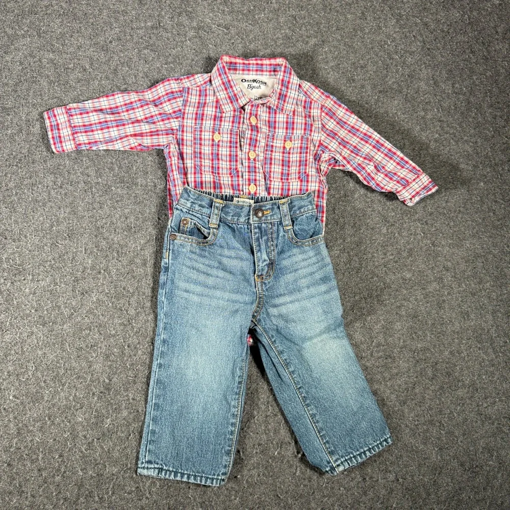 OshKosh Bgosh Baby Boys 12M Plaid Bodysuit and Denim Jeans 2pc Outfit Set